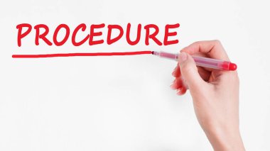 Kırmızı renk işaretleyicili el yazması yazması prosedürü, konsept, stok resmi