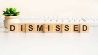 Tahta bloklardan yapılmış kovulmuş bir kelime. Ön görünüm kavramları, vazodaki yeşil bitki ve arkaplanda beyaz klavye