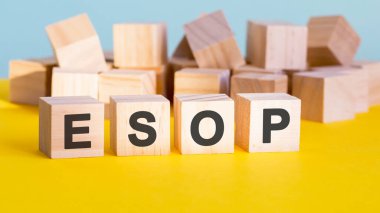 ESOP kelime yapısı harf blokları ve sığ bir alan derinliği, iş konsepti. ESOP - çalışanların hisse senedi sahipliğinin kısaltılmışı