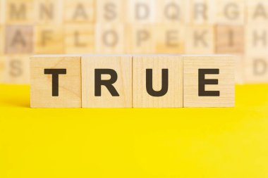 TRUE kelimesi parlak sarı bir yüzey üzerindeki tahta küplere yazılmıştır. Arka planda farklı harflerle yazılmış küpler var. iş ve finans kavramı