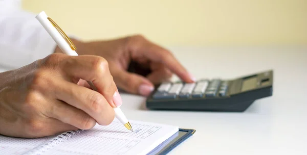 Close Cropped View Female Sit Desk Work Financial Papers Bills — Stock Photo, Image