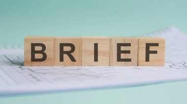 Hafif tahta bloklar üzerine yazılmış bir özet. Kelime, çizelgeler ve grafiklerle dolu bir sayfada yer almaktadır. iş kavramı