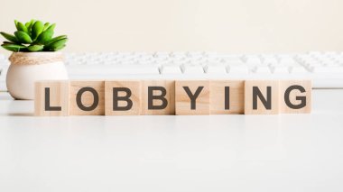 Ahşap bloklara düğmeli lobicilik yazılıydı. İş ya da finans sektöründe onay kavramı.