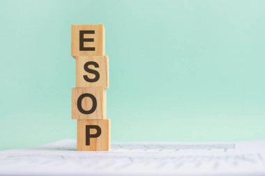 Kelime ESOP, ahşap yapı taşları, açık gri arka plan. Geçmişinde numaralar olan bir belge, iş konsepti. Sağ tarafta metin için boşluk var. ön görünüm.