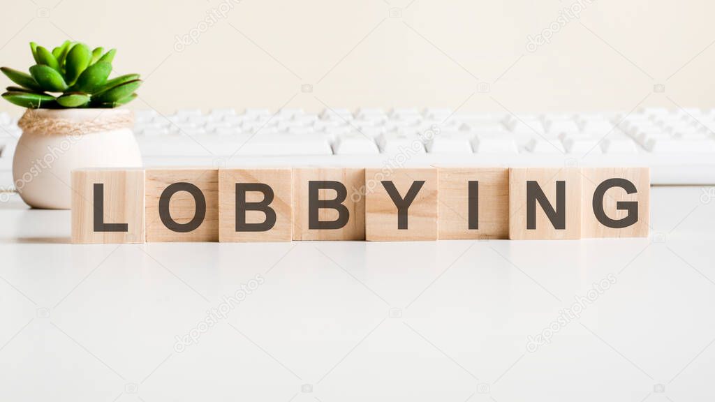 the word lobbying written on wood blocks with button. concept of approving in business or finance.
