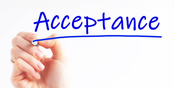 hand writing inscription acceptance with blue color marker, concept, stock image