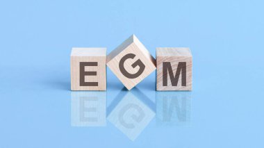 Tahta blokta EGM kelimesi yazıyor. EGM sözcüğü mavi masanın üzerinde duran ahşap yapı taşlarından oluşur, iş kavramı. Olağanüstü Genel Kurul 'un EGM kısaltması