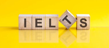 Tahta bloğa yazılmış bir kelime. Kelime, sarı masada duran ahşap yapı taşlarından yapılmıştır. eğitim kavramı