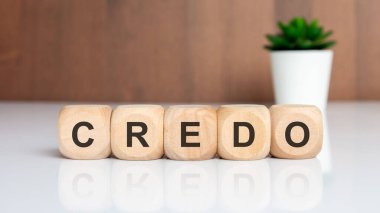 CREDO kelimesini oluşturan tahta küpler beyaz yansıtıcı masaya yerleştirilmiş, arka planda küçük yeşil bitki, şirket değerlerini, misyonunu ve kurumsal kültür ve etik ilkelerini temsil ediyor.
