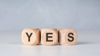 Tahta oyuncak bloklarının önü parlak tarafsız bir arkaplanda EVET sözcüğünü heceliyor. Pozitif düşünce, onay, oy verme, yeni fırsatlara, iş anlaşmasına ve başarılı karara evet deme kavramı. Üst kısımda bir sürü kopya alanı var