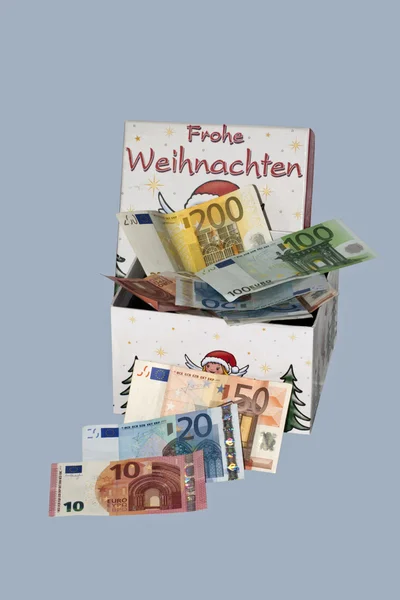 Box of money cash for Christmas present — Stock Photo, Image