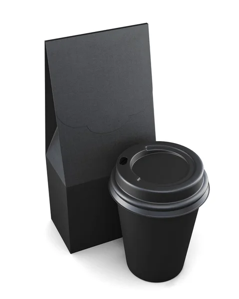 Black paper bag and Cup on a white background.  3d rendering — 图库照片