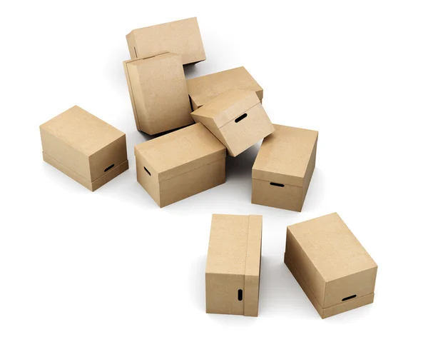 Boîtes en carton éparpillées sur fond blanc. Rendu 3d — Photo