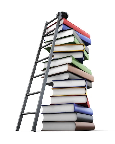 Treppen zu den Bücherstapeln auf weißem Hintergrund. 3D-Darstellung — Stockfoto