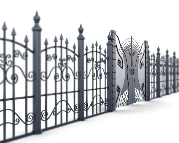 Cerca de metal e portão em um fundo branco, ângulo de visão. Rende 3d — Fotografia de Stock