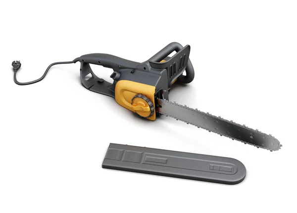 Electric saw with case on white background. 3d rendering — 스톡 사진