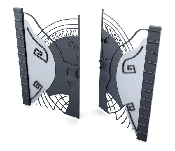 Portão aberto de metal no fundo branco. Imagem de renderização 3d — Fotografia de Stock