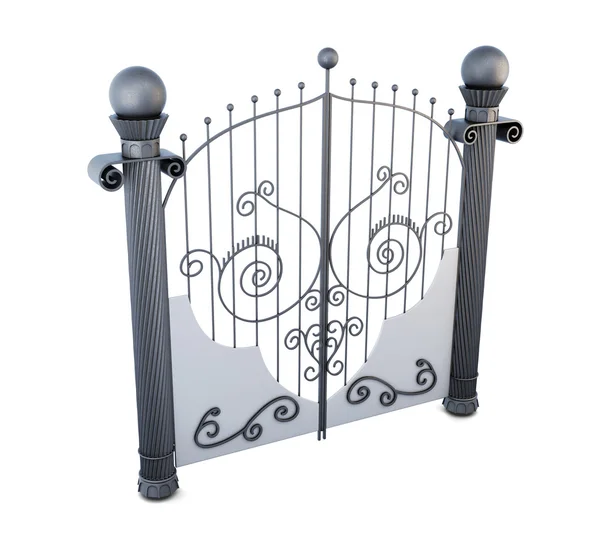 Kovová brána s ornamenty na bílém pozadí. 3D vykreslování — Stock fotografie