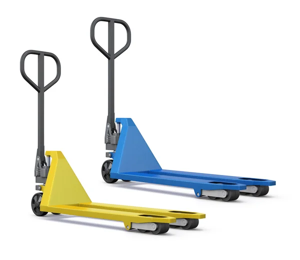 Two hand pallet trucks on a white background. 3D rendered image — Stock Photo, Image