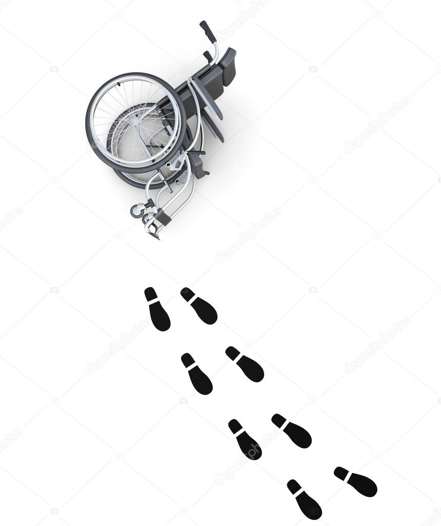 Lying wheelchair and traces of shoes on a white background. 3d r
