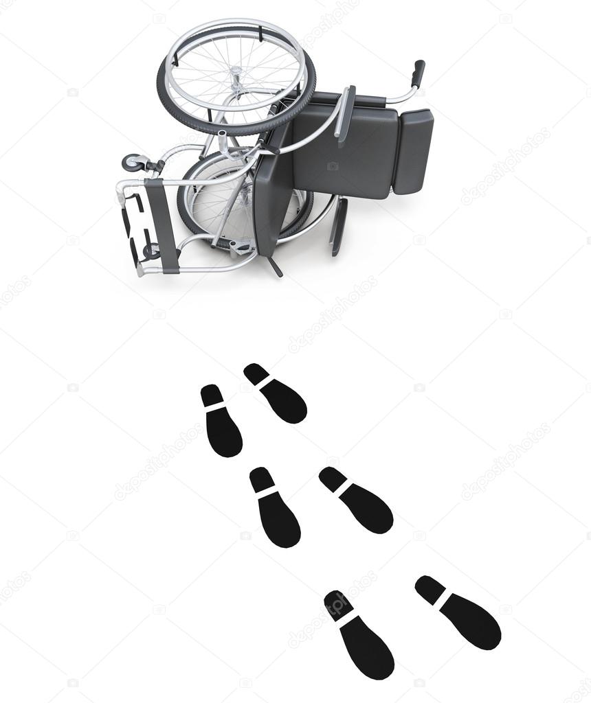 Overturned wheelchair and footprints on white background. 3d ren