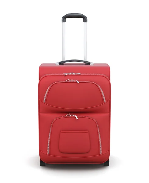 白い背景で隔離の車輪の上の赤いスーツケース。3 d 描画されるか — ストック写真