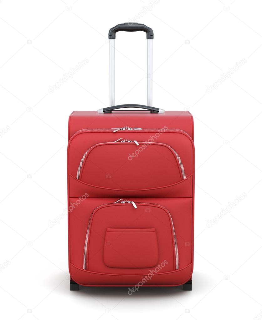 Red suitcase on wheels isolated on white background. 3d renderin
