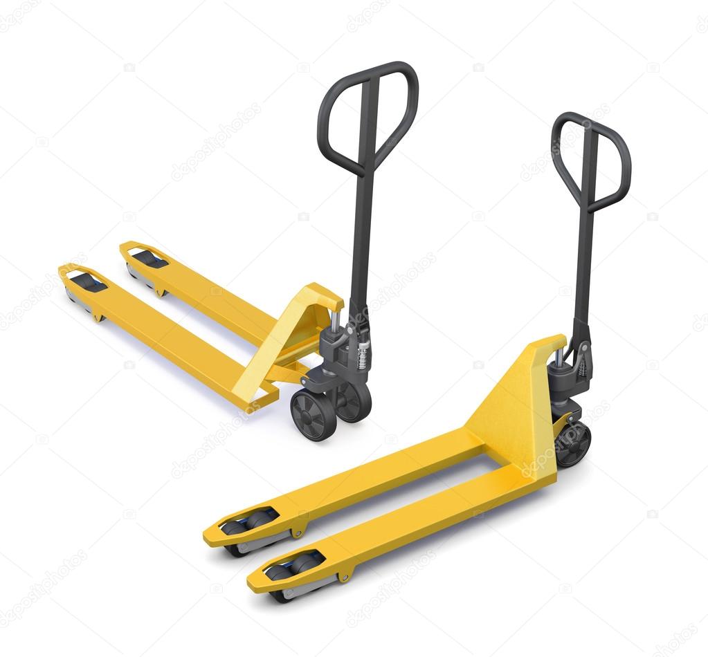 Two hand pallet trucks on a white background. 3D rendering