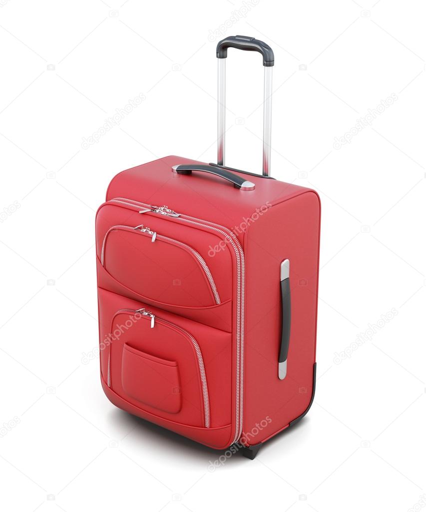 Red suitcase on wheels isolated on white background. 3d render