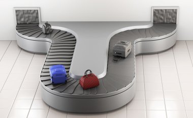 Konveyör bant havaalanında. Bagaj talep. 3D render