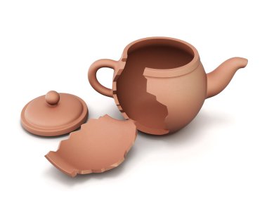 Beyaz arka plan üzerinde izole kırık kil çaydanlık. 3D render