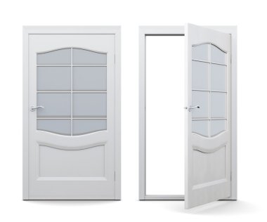 Beyaz arka plan üzerinde izole açık ve kapalı kapı. 3D render ıma