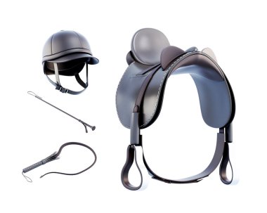 Kask, eyer, beyaz arka plan üzerinde izole sürme için kırbaç. 3D