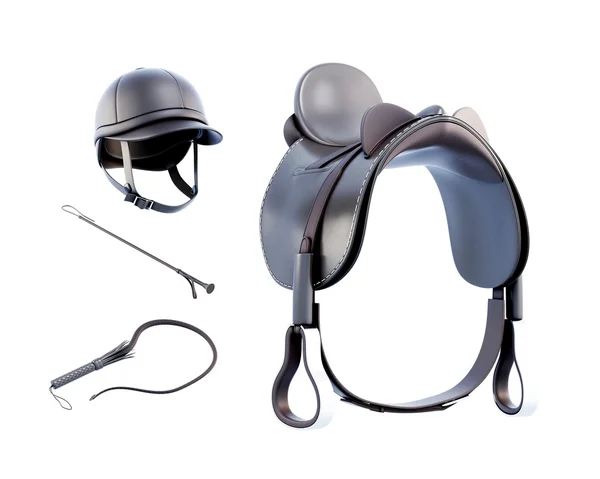 헬멧, 안장, 흰색 배경에 고립 된 승마 채찍. 3d — 스톡 사진