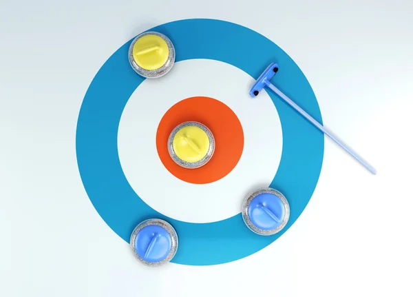 Gruppe von Curling-Steinen Draufsicht auf das Eis-Shuffleboard. 3d ren — Stockfoto