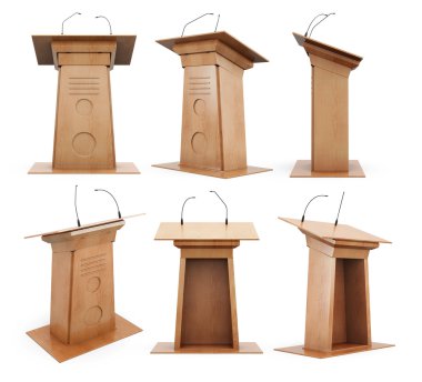 Set of wooden podium tribune with microphones isolated on white clipart