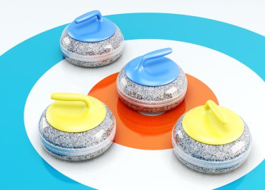 Curling taşlar closeup buz üzerinde disk iteleme. 3D render resim