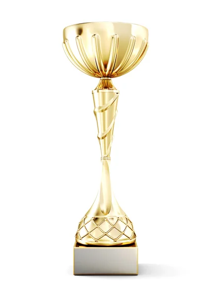 Złoty Puchar na piedestale na białym tle. Przodu vie — Zdjęcie stockowe