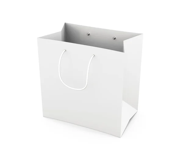 Torba papierowa biała z uchwytami na białym tle. 3D Odp — Zdjęcie stockowe