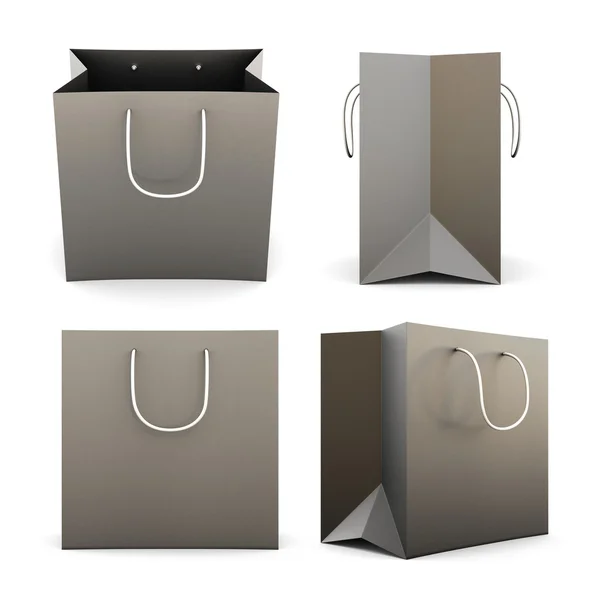 Zestaw z czarnego papieru torby na zakupy z różnych punktów widzenia. 3D. — Zdjęcie stockowe