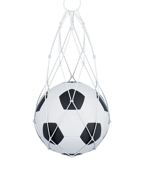 Pallone da calcio nella borsa a rete isolato su sfondo bianco. 3d ren — Foto Stock