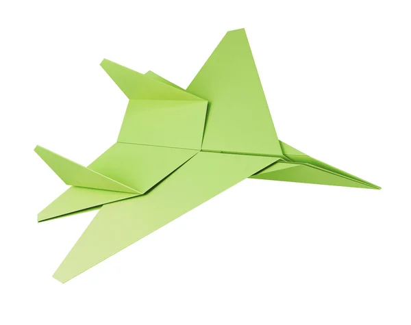 Зеленый бумажный самолет на белом фоне. 3d-рендеринг — стоковое фото