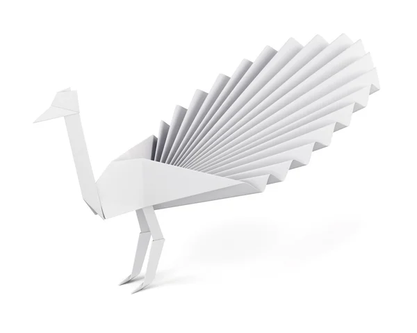 Origami påfågel gjord av papper isolerade på vit bakgrund. 3D r — Stockfoto
