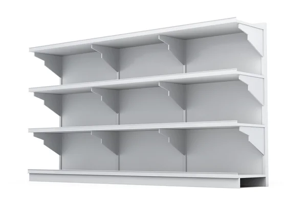 Stojak z pustymi półkami na białym tle. 3D renderi — Zdjęcie stockowe