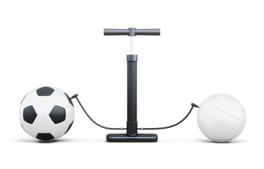 Hava pompası ve beyaz arka plan üzerinde izole spor topları. 3D render
