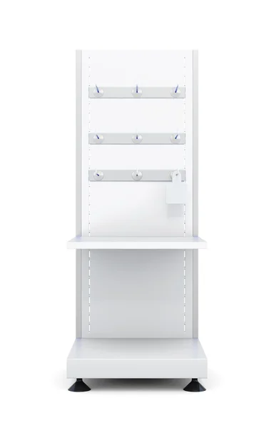 Soporte con estantes y ganchos para mercancías aisladas en un respaldo blanco — Foto de Stock