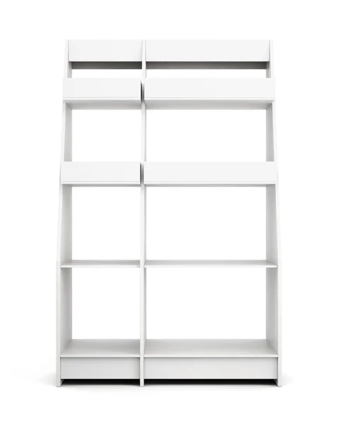 Expositor con estantes aislados sobre fondo blanco. Frente vi —  Fotos de Stock
