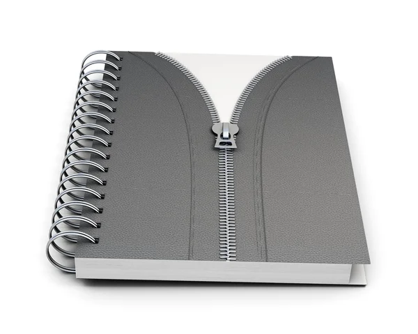 Notebook com capa dura e zip isolado em fundo branco. Imagem de renderização 3d — Fotografia de Stock