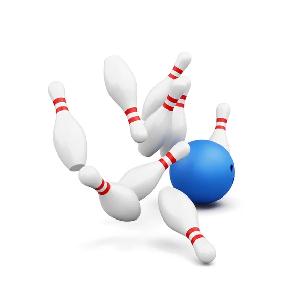 Bowling pimleri ve beyaz arka plan üzerinde izole topu. 3D render — Stok fotoğraf
