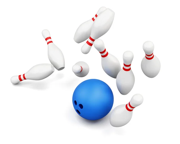 Boll smashing pins isolerad på vit bakgrund. 3D-rendering — Stockfoto